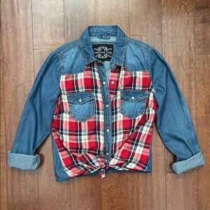 Adorable Western Red Plaid and Blue Denim Shirt by Chocolate, Size Small